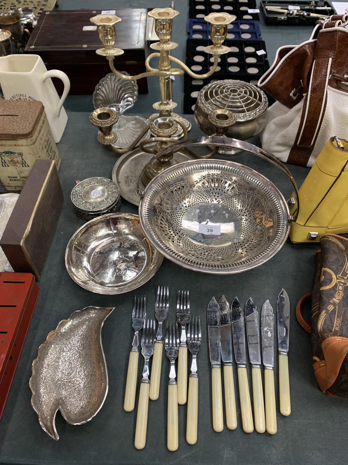 VARIOUS EPNS ITEMS TO INCLUDE FLATWARE, CANDLEABRAS, DISHES ETC