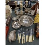 VARIOUS EPNS ITEMS TO INCLUDE FLATWARE, CANDLEABRAS, DISHES ETC