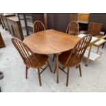 AN ERCOL STYLE DROP LEAF OAK DINING TABLE AND FOUR CHAIRS