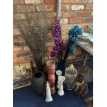 A COLLECTION OF VASES, CANDLE HOLDERS, SILK FLOWERS ETC