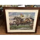 A CLAIRE EVA BURTON 'THE WATER JUMP' HORSE RACING LIMITED EDITION PRINT 753/850 FRAMED AND GLAZED,