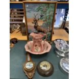 A FIRE SCREEN WITH A TAPESTRY STAG DECORATION, A FLORAL JUG AND BOWL AND TWO BAROMETERS