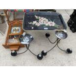 A METAL TEA TRAY, WALL CLOCK AND A PAIR OF BLACK CEILING LIGHTS