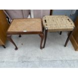 A MAHOGANY STOOL WITH RATTAN SEAT AND AN OAK STOOL WITH WOVEN SEAT