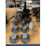 A COLLECTION OF ORIENTAL STYLE ITEMS TO INCLUDE A TEA SET, LIDDED BRASS DISH, VASE ETC