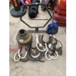 VARIOUS HORSE SHOES, A BRASS OIL LAMP ETC