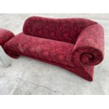 A SCROLLED CHAISE LONGUE WITH RED ROSE UPHOLSTERY