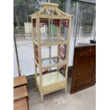 AN ORIENTAL STYLE BEECH THREE TIER DISPLAY STAND WITH PAGODA TOP AND LOWER DRAWER