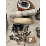 VARIOUS ITEMS - A BUOY, MEAT JOINT WRAPPER, TWO MILK GLASS SHADES, BRIAR PIPE, TELEPHONE ETC