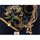 QUANTITY OF GOLD TONE COSTUME JEWELLERY TO INCLUDE A LADIES ACCURIST WRIST WATCH BEADS, BANGLES,