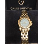 A LADIES CLAUDE VALENTINI SUPERIOR SPORTS STAINLESS STEEL BRACELET WATCH WITH BLUE DIAL, BOXED