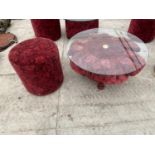 A RED ROSE PATTERNED GLASS TOP TABLE AND MATCHING STOOL