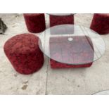 A RED ROSE PATTERNED GLASS TOP TABLE WITH SCROLL BASE AND MATCHING STOOL