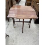 A MAHOGANY DROP LEAF SIDE TABLE ON TAPERED AND SCROLLED SUPPORTS