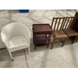 A LLOYD LOOM STYLE ARMCHAIR, MAHOGANY TELEPHONE TABLE AND TWO OAK DINING CHAIRS