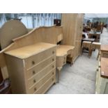 A SIX PIECE LIMED MAHOGANY BEDROOM SUITE - A CHEST OF FIVE DRAWERS, DRESSING TABLE, HEADBOARD,