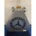 A METAL REPRODUCTION SILVER MERCEDES BENZ GARAGE MOTOR CAR PETROL CAN WITH BRASS TOP