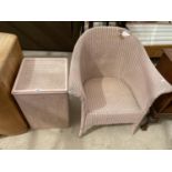 A LLOYD LOOM LUSTY BEDROOM CHAIR AND LINEN BASKET