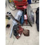 VARIOUS CAR RELATED ITEMS TO INCLUDE A JACK, METAL CANS, EXHAUST ETC