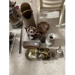 VARIOUS VINTAGE ITEMS - BRASS CANDLESTICK, COPPER COAL SCUTTLE, FUNNEL AND BOWLETC