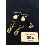THREE PAIRS OF SILVER EARRINGS TO INCLUDE A FRESH WATER PEARL DROPS