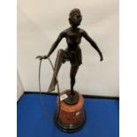 AN IMPRESSIVE ART DECO STYLE BRONZE DANCING LADY WITH HOOP FIGURE MARBLE BASE 50CM