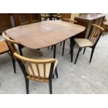 A RETRO STYLES AND MEALING TEAK DROP LEAF DINING TABLE AND FOUR DINING CHAIRS