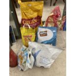 VARIOUS BAGS OF PET FOOD AND LITTER