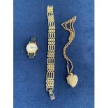 VINTAGE ROLLED GOLD HEART LOCKET AND CHAIN, LADIES TIMEX MANUAL WATCH AND A GOLD PLATED GATE