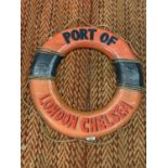 A VINTAGE STYLE WOODEN PORT OF LONDON CHELSEA WALL DISPLAY LIFE RING 60CM