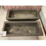 TWO VINTAGE CAST IRON INGOT MOULDS