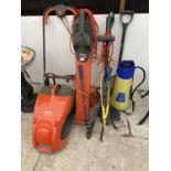 VARIOUS GARDEN TOOLS - A FLYMO HOVER MOWER, FLYMO GARDEN VAC, A STRIMMER, LOPPERS ETC