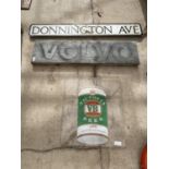 THREE VARIOUS VINTAGE SIGNS - VICTORIA BEER, VOLVO AND DONNINGTON AVENUE