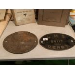 TWO CAST PLATES, ONE SAYING LMS BUILT 1884 DERBY AND THE OTHER TRACK CIRCUIT