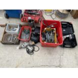 VARIOUS ITEMS TO INCLUDE LARGE NAILS AND SCREWS, COMPRESSOR, BRACKETS AND A BLACK AND DECKER