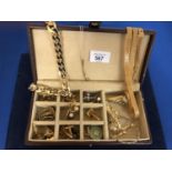 JEWELLERY BOX CONTAINING YELLOW METAL COSTUME JEWELLERY, BROOCHES, HEAVY NECKLACES, CUFF LINKS ETC
