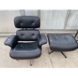AN EAMES STYLE RETRO BLACK LEATHER SWIVEL ARMCHAIR AND FOOTSTOOL