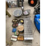 A MIXED LOT TO INCLUDE SCOOP, TRIVETS, VINTAGE TINS AND RACKS ETC