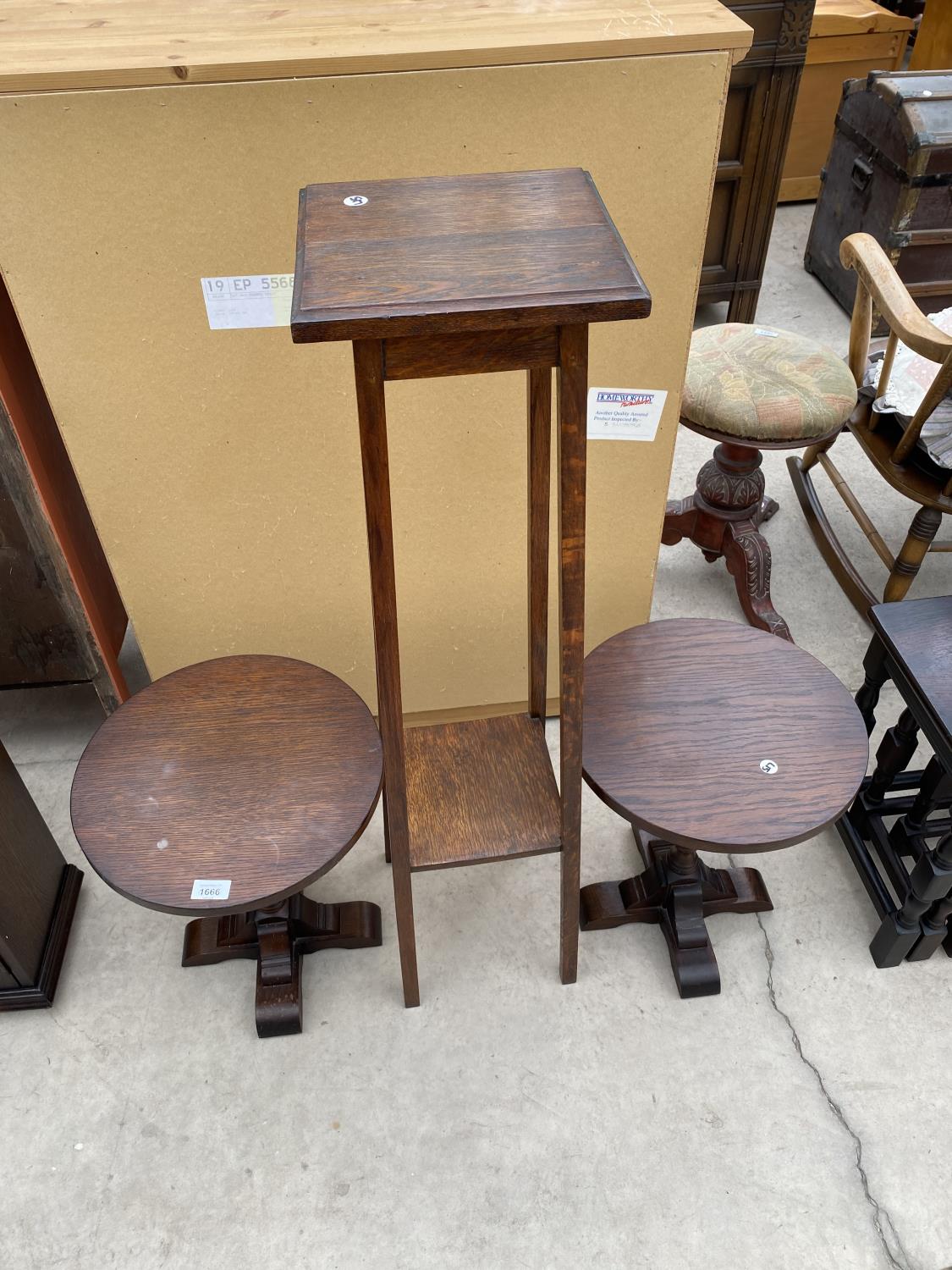 AN OAK PLANT STAND AND TWO SMALL OAK OCCASIONAL TABLES