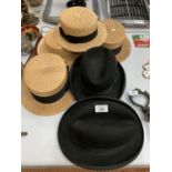 TWO TRILBY HATS (ONE DUNN & CO AND ONE HERBERT JOHNSON) AND FOUR STRAW BOATERS