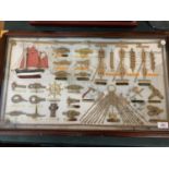 A LARGE BRASS EDGED WOODEN FRAMED CASED COLLECTION OF VARIOUS NAUTICAL KNOTS