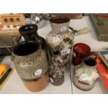 FIVE SMALL WESTEREN GERMAN STUDIO POTTRY VASES AND A RUBY GLASS ETCHED MUG AND A