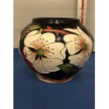 A MOORCROFT WAYSIDE RAMBLER TUBE LINED VASE CREAM ROSE FLOWER WITH DARK GROUND, SIGNED RACHEL