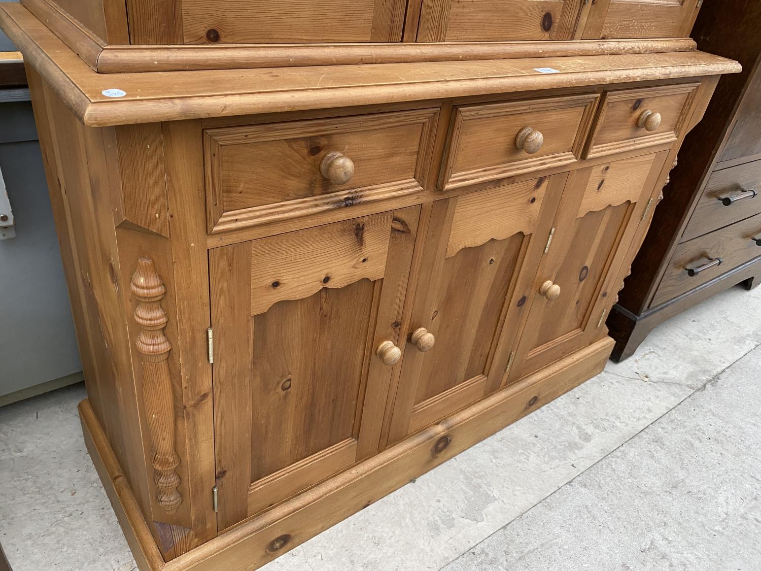A PINE CABINET WITH THREE DOORS, THREE DRAWERS AND THREE UPPER GLAZED DOORS - Image 4 of 4