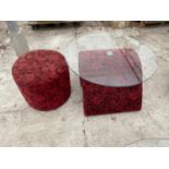 A RED ROSE PATTERNED GLASS TOP TABLE WITH SCROLL BASE AND MATCHING STOOL