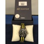 GENTS MODERN CASIO EDIFACE STAINLESS STEEL WRIST WATCH WITH NYLON STRAP, BOXED