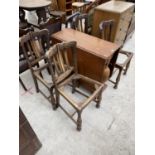 AN OAK DROP LEAF DINING TABLE AND FOUR DINING CHAIRS (REQUIRE SEATS)
