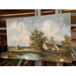 AN OIL ON CANVAS OF A COUNTRY COTTAGES BY A LAKE SIGNED H KNAUF WITH CERTIFICATE OF GUARANTEE