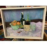 A FRAMED 1964 ORIGINAL JOHN MOSELEY OIL ON BOARD PAINTING, STILL LIFE SCENE