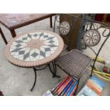 A MOSAIC BISTRO STYLE TABLE WITH TWO MATCHING CHAIRS